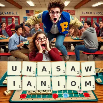 Kreatywna ilustracja do gry w Scrabble ze słowem UNASAWIANIOM ułożonym z płytek na planszy.