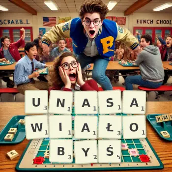 Kreatywna ilustracja do gry w Scrabble ze słowem UNASAWIAŁOBYŚ ułożonym z płytek na planszy.