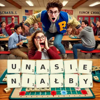 Kreatywna ilustracja do gry w Scrabble ze słowem UNASIENIAŁBY ułożonym z płytek na planszy.
