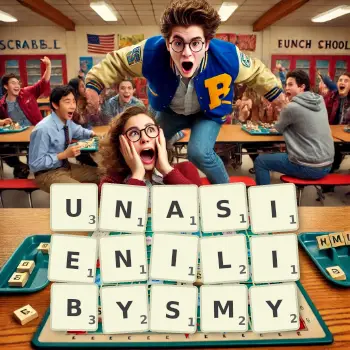 Kreatywna ilustracja do gry w Scrabble ze słowem UNASIENILIBYSMY ułożonym z płytek na planszy.