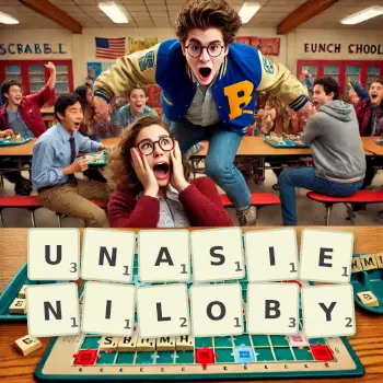 Kreatywna ilustracja do gry w Scrabble ze słowem UNASIENILOBY ułożonym z płytek na planszy.