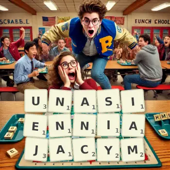 Kreatywna ilustracja do gry w Scrabble ze słowem UNASIENNIAJACYM ułożonym z płytek na planszy.