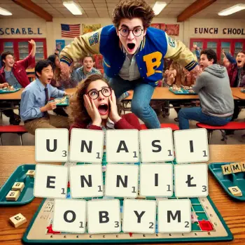 Kreatywna ilustracja do gry w Scrabble ze słowem UNASIENNIŁOBYM ułożonym z płytek na planszy.