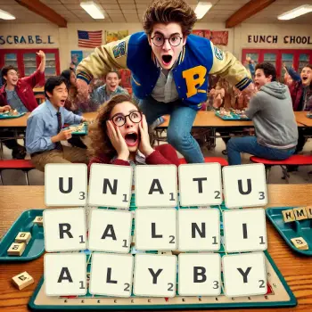 Kreatywna ilustracja do gry w Scrabble ze słowem UNATURALNIALYBY ułożonym z płytek na planszy.