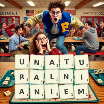 Kreatywna ilustracja do gry w Scrabble ze słowem UNATURALNIANIEM ułożonym z płytek na planszy.