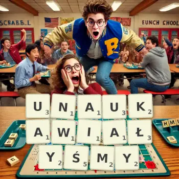 Kreatywna ilustracja do gry w Scrabble ze słowem UNAUKAWIAŁYŚMY ułożonym z płytek na planszy.