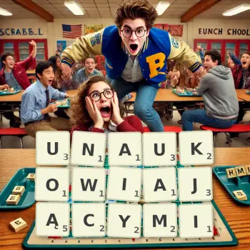 Kreatywna ilustracja do gry w Scrabble ze słowem UNAUKOWIAJĄCYMI ułożonym z płytek na planszy.