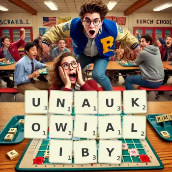 Kreatywna ilustracja do gry w Scrabble ze słowem UNAUKOWIALIBY ułożonym z płytek na planszy.