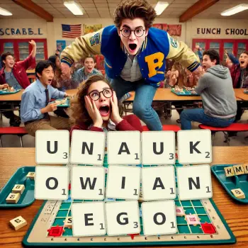 Kreatywna ilustracja do gry w Scrabble ze słowem UNAUKOWIANEGO ułożonym z płytek na planszy.