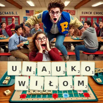 Kreatywna ilustracja do gry w Scrabble ze słowem UNAUKOWIŁOM ułożonym z płytek na planszy.