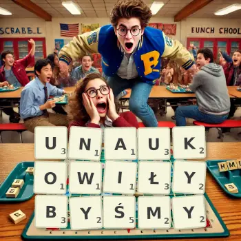 Kreatywna ilustracja do gry w Scrabble ze słowem UNAUKOWIŁYBYŚMY ułożonym z płytek na planszy.