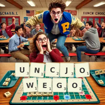 Kreatywna ilustracja do gry w Scrabble ze słowem UNCJOWEGO ułożonym z płytek na planszy.