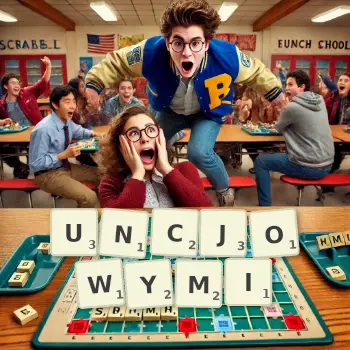 Kreatywna ilustracja do gry w Scrabble ze słowem UNCJOWYMI ułożonym z płytek na planszy.