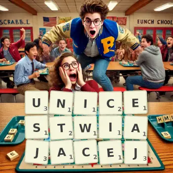 Kreatywna ilustracja do gry w Scrabble ze słowem UNICESTWIAJACEJ ułożonym z płytek na planszy.