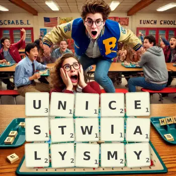 Kreatywna ilustracja do gry w Scrabble ze słowem UNICESTWIALYSMY ułożonym z płytek na planszy.