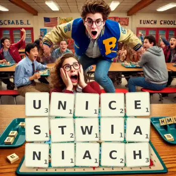 Kreatywna ilustracja do gry w Scrabble ze słowem UNICESTWIANIACH ułożonym z płytek na planszy.