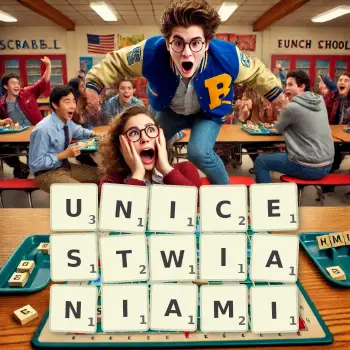 Kreatywna ilustracja do gry w Scrabble ze słowem UNICESTWIANIAMI ułożonym z płytek na planszy.