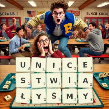 Kreatywna ilustracja do gry w Scrabble ze słowem UNICESTWIAŁYŚMY ułożonym z płytek na planszy.