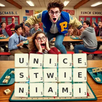 Kreatywna ilustracja do gry w Scrabble ze słowem UNICESTWIENIAMI ułożonym z płytek na planszy.