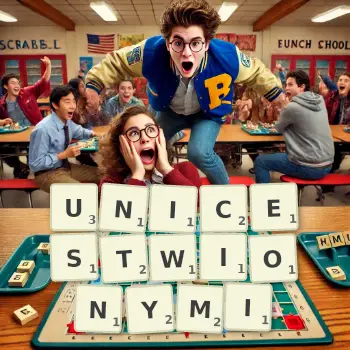 Kreatywna ilustracja do gry w Scrabble ze słowem UNICESTWIONYMI ułożonym z płytek na planszy.