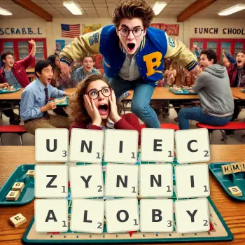 Kreatywna ilustracja do gry w Scrabble ze słowem UNIECZYNNIALOBY ułożonym z płytek na planszy.