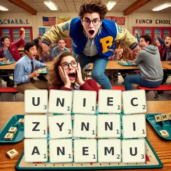 Kreatywna ilustracja do gry w Scrabble ze słowem UNIECZYNNIANEMU ułożonym z płytek na planszy.