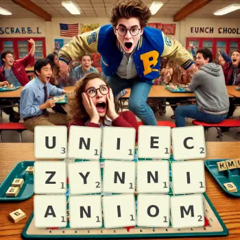 Kreatywna ilustracja do gry w Scrabble ze słowem UNIECZYNNIANIOM ułożonym z płytek na planszy.