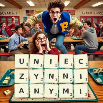 Kreatywna ilustracja do gry w Scrabble ze słowem UNIECZYNNIANYMI ułożonym z płytek na planszy.