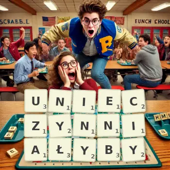 Kreatywna ilustracja do gry w Scrabble ze słowem UNIECZYNNIAŁYBY ułożonym z płytek na planszy.