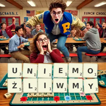 Kreatywna ilustracja do gry w Scrabble ze słowem UNIEMOŻLIWMY ułożonym z płytek na planszy.