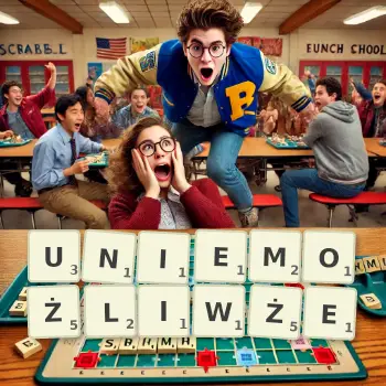 Kreatywna ilustracja do gry w Scrabble ze słowem UNIEMOŻLIWŻE ułożonym z płytek na planszy.