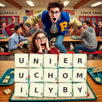 Kreatywna ilustracja do gry w Scrabble ze słowem UNIERUCHOMILYBY ułożonym z płytek na planszy.