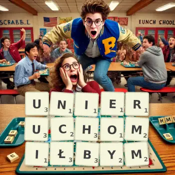 Kreatywna ilustracja do gry w Scrabble ze słowem UNIERUCHOMIŁBYM ułożonym z płytek na planszy.