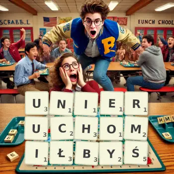 Kreatywna ilustracja do gry w Scrabble ze słowem UNIERUCHOMIŁBYŚ ułożonym z płytek na planszy.