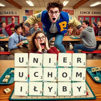 Kreatywna ilustracja do gry w Scrabble ze słowem UNIERUCHOMIŁYBY ułożonym z płytek na planszy.