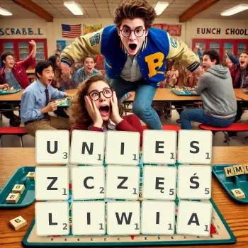 Kreatywna ilustracja do gry w Scrabble ze słowem UNIESZCZĘŚLIWIA ułożonym z płytek na planszy.