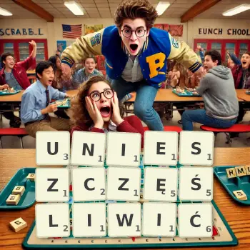 Kreatywna ilustracja do gry w Scrabble ze słowem UNIESZCZĘŚLIWIĆ ułożonym z płytek na planszy.