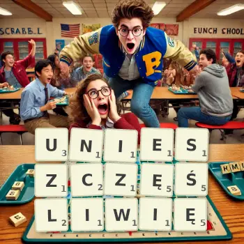 Kreatywna ilustracja do gry w Scrabble ze słowem UNIESZCZĘŚLIWIĘ ułożonym z płytek na planszy.