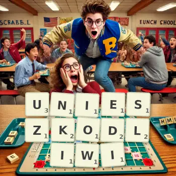 Kreatywna ilustracja do gry w Scrabble ze słowem UNIESZKODLIWI ułożonym z płytek na planszy.