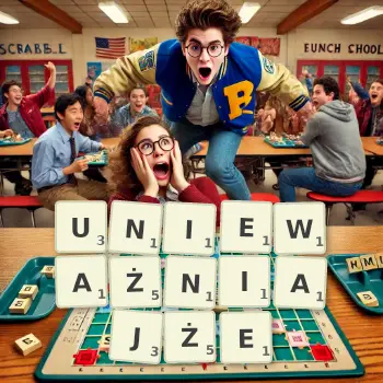 Kreatywna ilustracja do gry w Scrabble ze słowem UNIEWAŻNIAJŻE ułożonym z płytek na planszy.