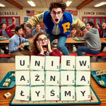 Kreatywna ilustracja do gry w Scrabble ze słowem UNIEWAŻNIAŁYŚMY ułożonym z płytek na planszy.