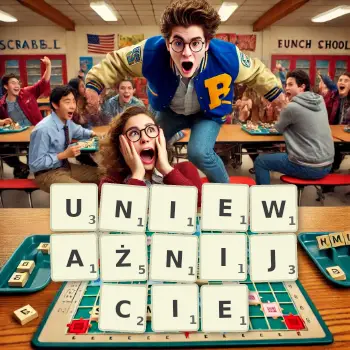 Kreatywna ilustracja do gry w Scrabble ze słowem UNIEWAŻNIJCIE ułożonym z płytek na planszy.