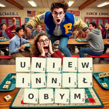 Kreatywna ilustracja do gry w Scrabble ze słowem UNIEWINNIŁOBYM ułożonym z płytek na planszy.