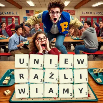 Kreatywna ilustracja do gry w Scrabble ze słowem UNIEWRAŻLIWIAMY ułożonym z płytek na planszy.