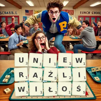 Kreatywna ilustracja do gry w Scrabble ze słowem UNIEWRAŻLIWIŁOŚ ułożonym z płytek na planszy.