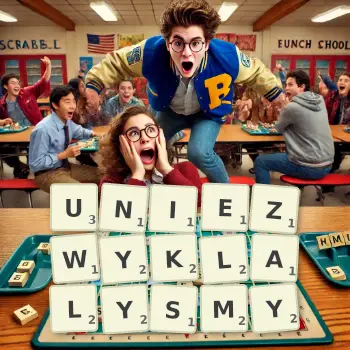 Kreatywna ilustracja do gry w Scrabble ze słowem UNIEZWYKLALYSMY ułożonym z płytek na planszy.