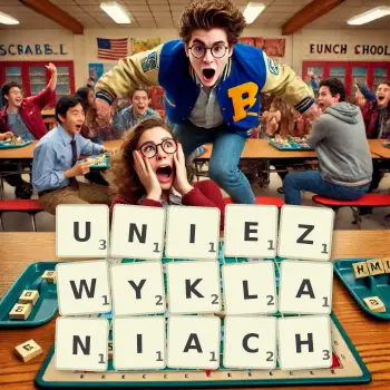 Kreatywna ilustracja do gry w Scrabble ze słowem UNIEZWYKLANIACH ułożonym z płytek na planszy.