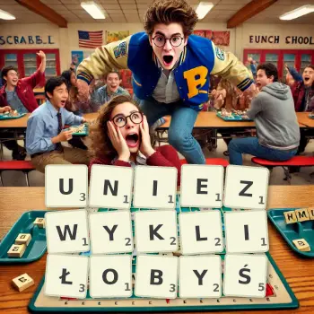 Kreatywna ilustracja do gry w Scrabble ze słowem UNIEZWYKLIŁOBYŚ ułożonym z płytek na planszy.