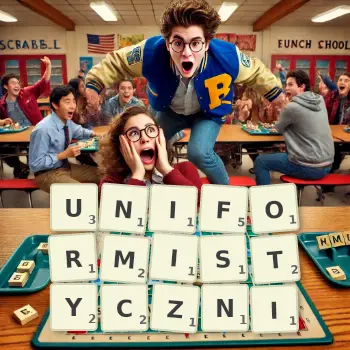 Kreatywna ilustracja do gry w Scrabble ze słowem UNIFORMISTYCZNI ułożonym z płytek na planszy.