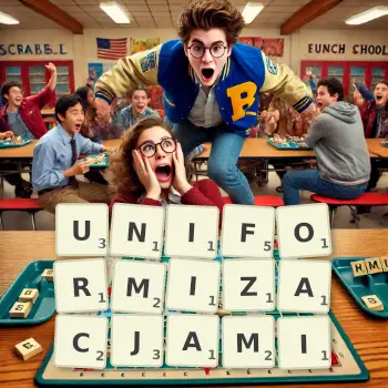 Kreatywna ilustracja do gry w Scrabble ze słowem UNIFORMIZACJAMI ułożonym z płytek na planszy.